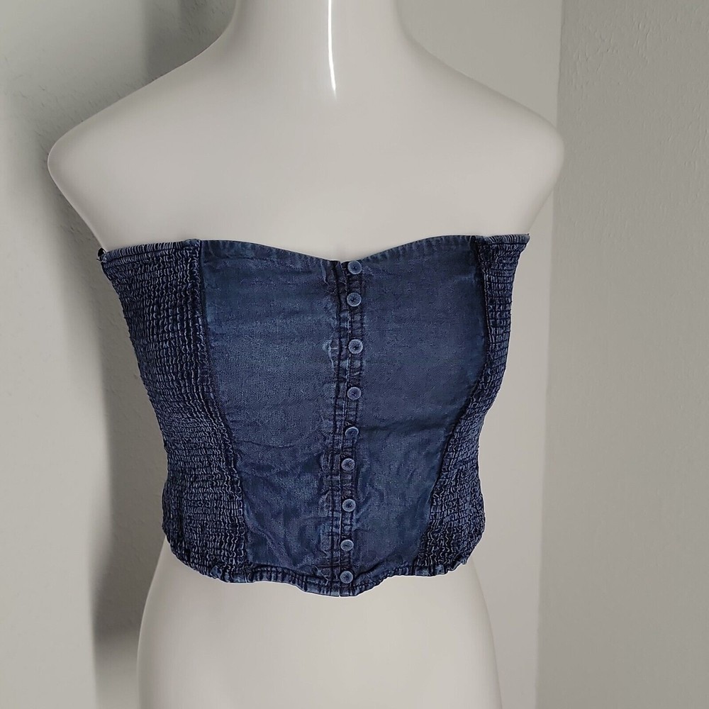 Studio F Cute Tube Top Blouse Shirt ~ Sz S ~ Blue ~ Stretchy